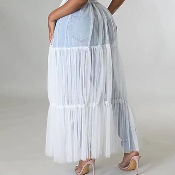 New White Mesh See-Through Shirt Long Dress with Belt V Neck Button Down - Picture 6 of 8